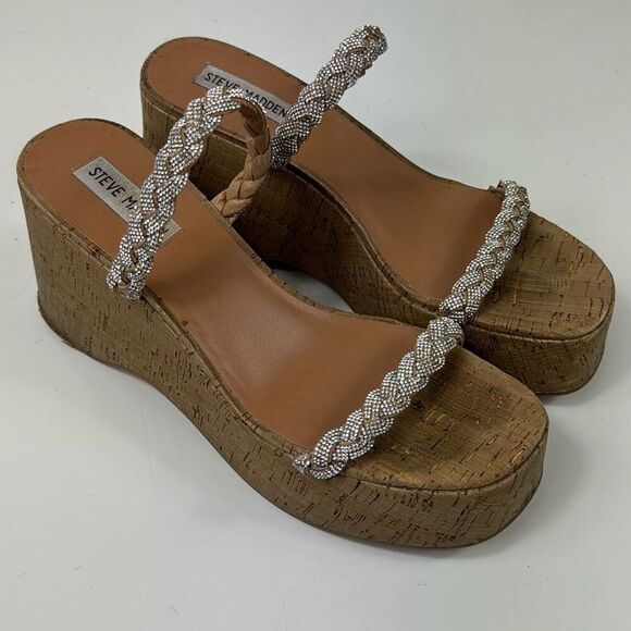 Steve Madden Danya Wedge Sandals Womens 9M Platform Slip On Silver Strap Tan - Picture 1 of 11